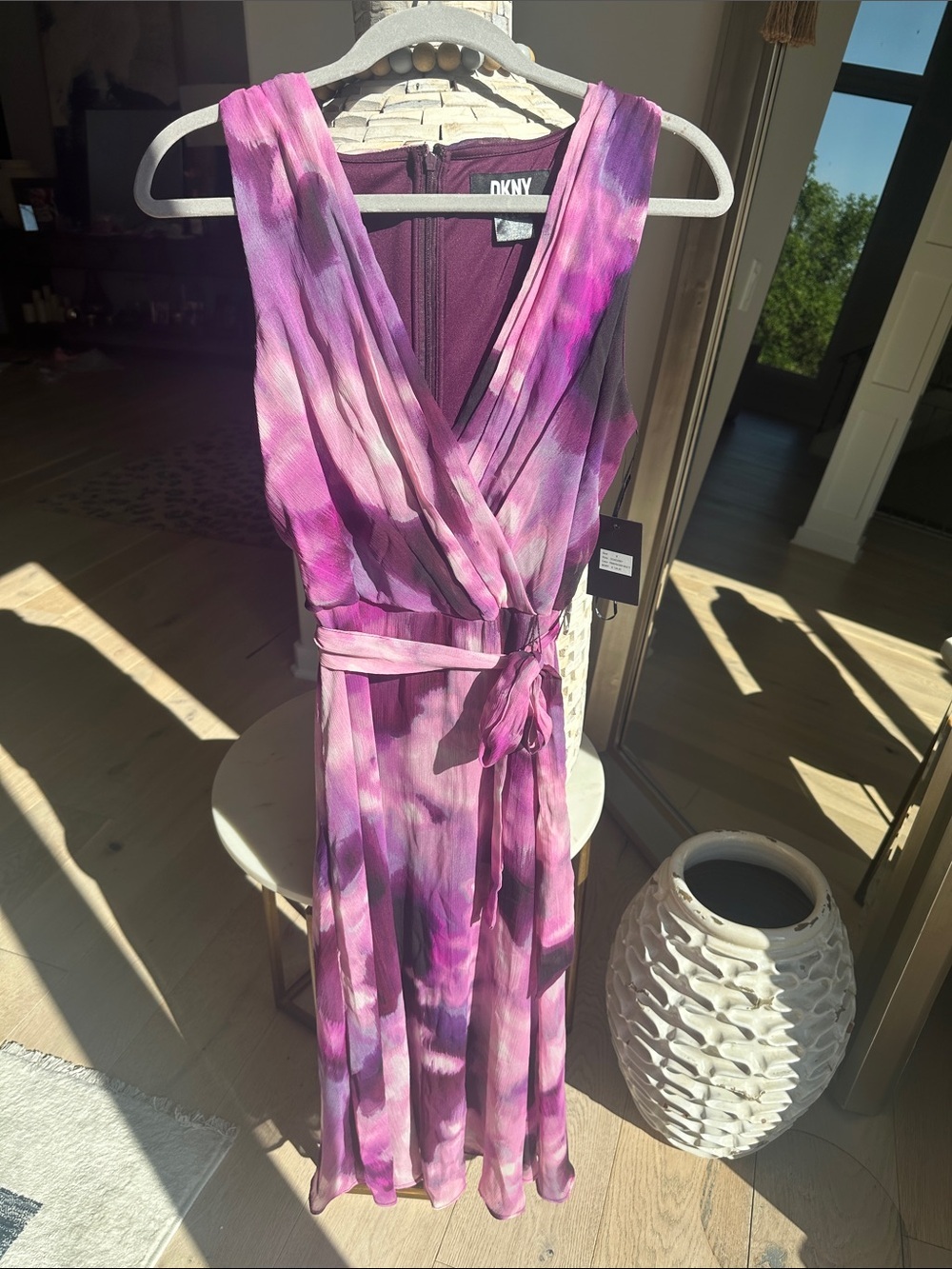DKNY MSRP $134 Pink and Purple Sleeveless Wrap Midi Dress